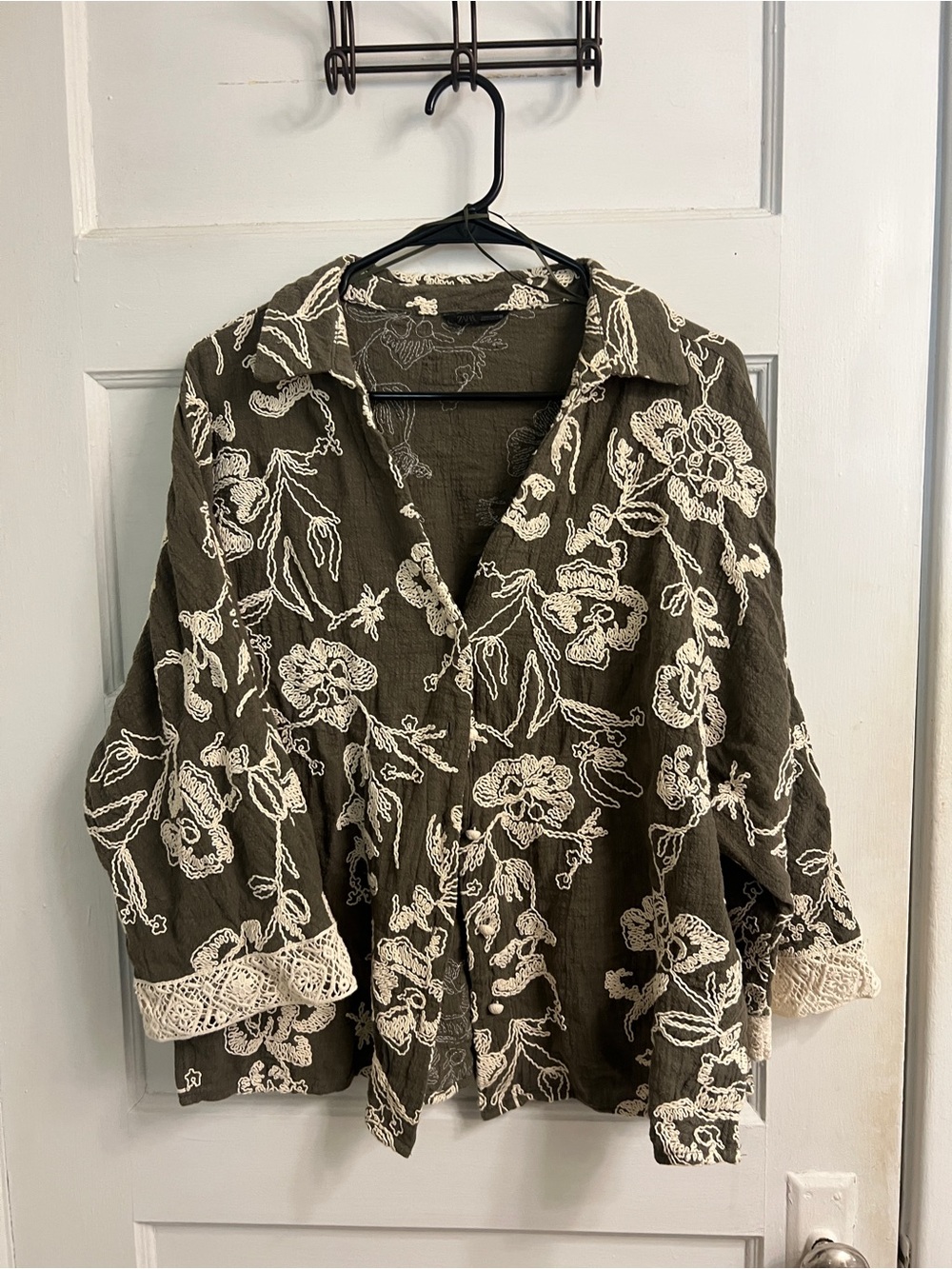 Zara Olive Button-Down Top with Cream Lace Embroidery